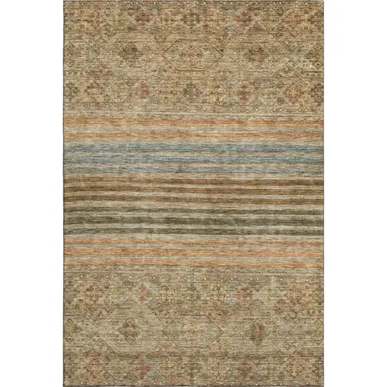 Copper Beige And Brown Striped Washable Area Rug With UV Protection Photo 1