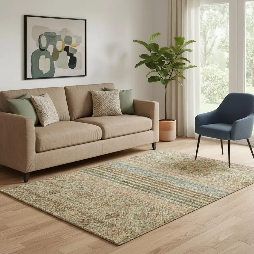 Copper Beige And Brown Striped Washable Area Rug With UV Protection Photo 2