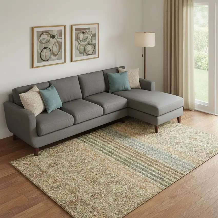 Copper Beige And Brown Striped Washable Area Rug With UV Protection Photo 2