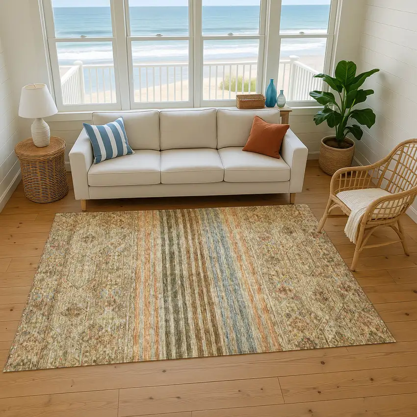 Copper Beige And Brown Striped Washable Area Rug With UV Protection Photo 5