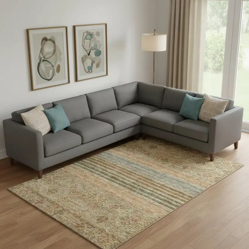 Copper Beige And Brown Striped Washable Area Rug With UV Protection Photo 2