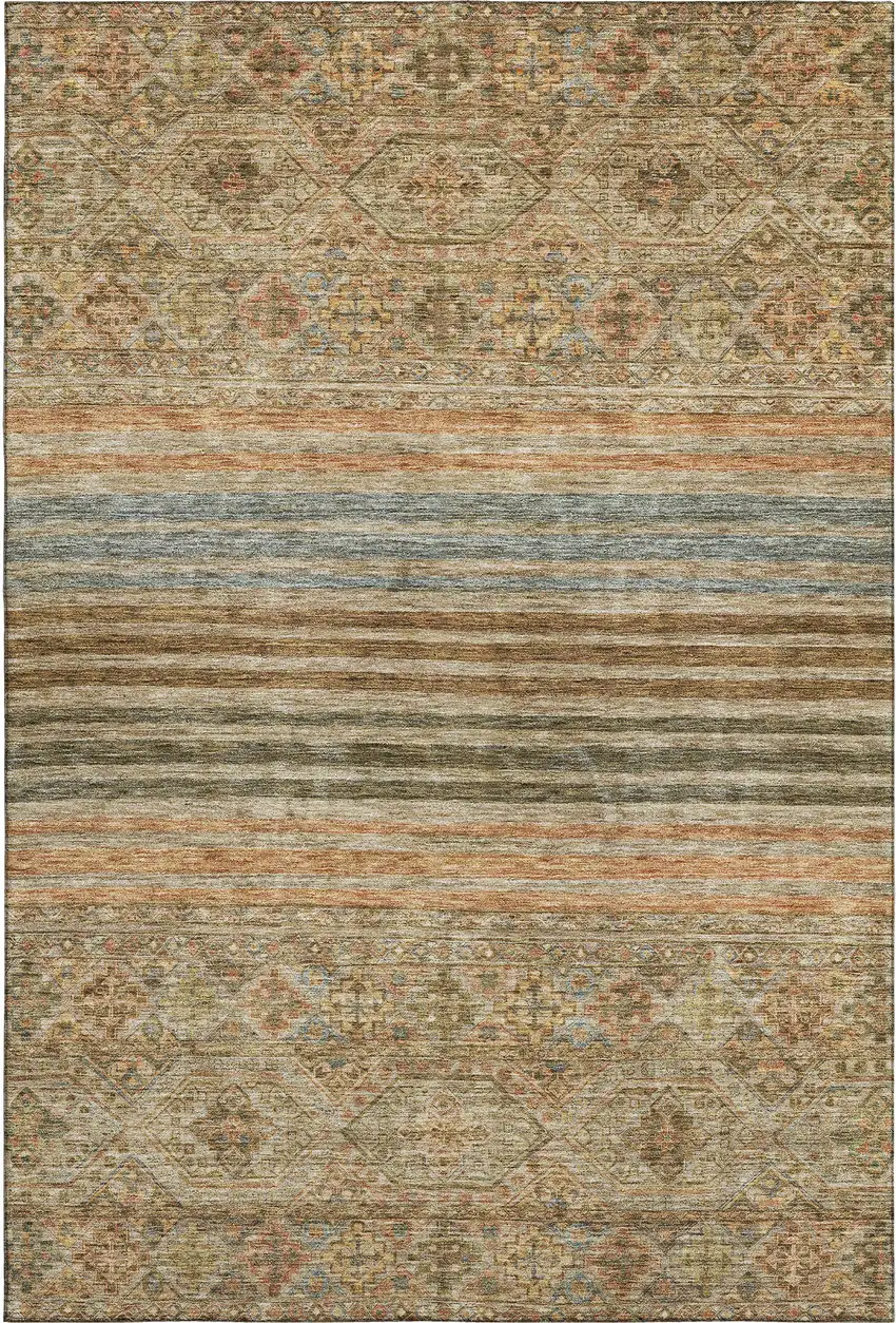 Copper Beige And Brown Striped Washable Area Rug With UV Protection Photo 1