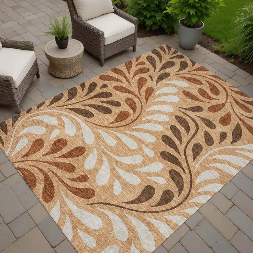 Copper Beige And Chocolate Botanical Leaves Washable Indoor Outdoor Area Rug Photo 6