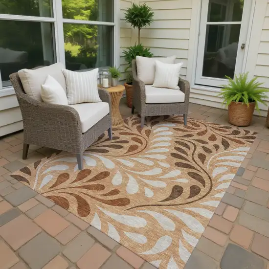 Copper Beige And Chocolate Botanical Leaves Washable Indoor Outdoor Area Rug Photo 3