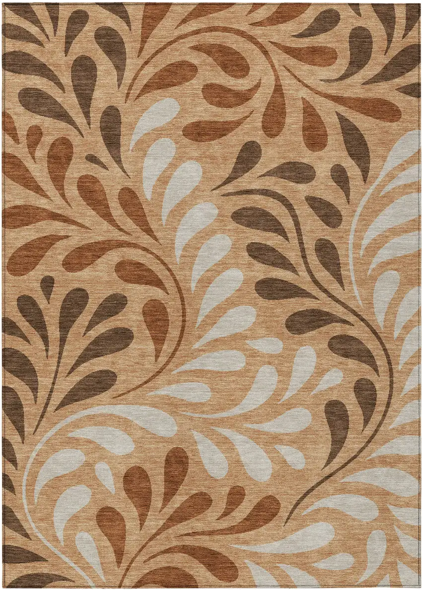 Copper Beige And Chocolate Botanical Leaves Washable Indoor Outdoor Area Rug Photo 9