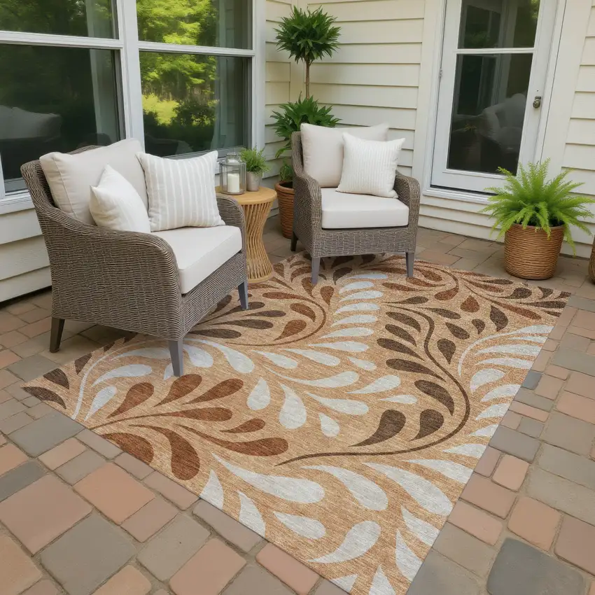 Copper Beige And Chocolate Botanical Leaves Washable Indoor Outdoor Area Rug Photo 4