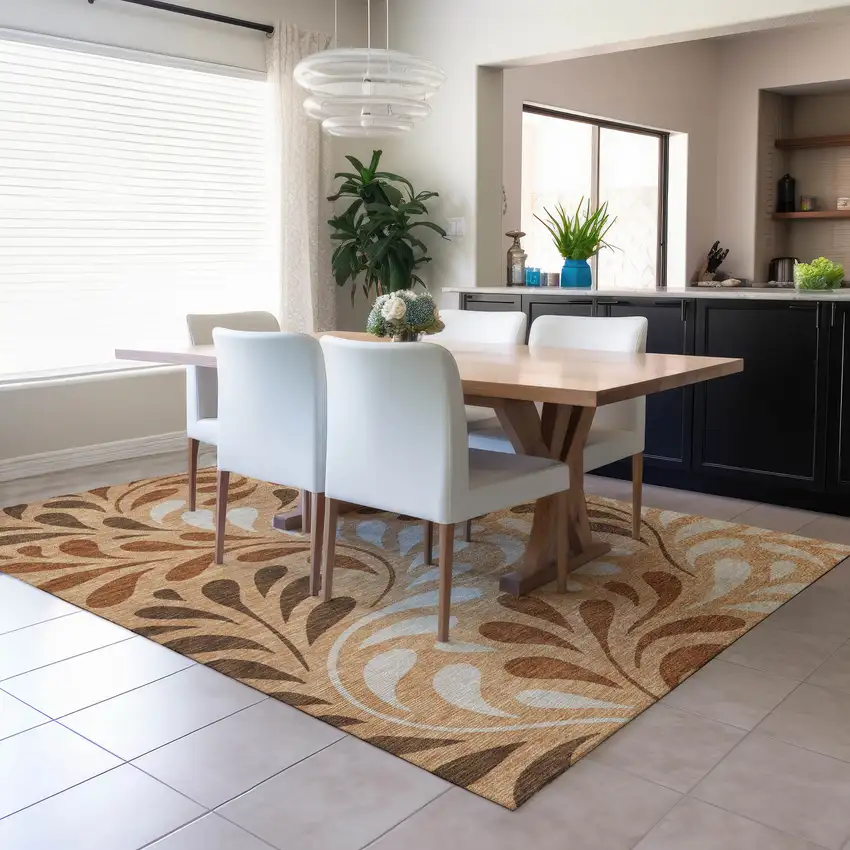 Copper Beige And Chocolate Botanical Leaves Washable Indoor Outdoor Area Rug Photo 6