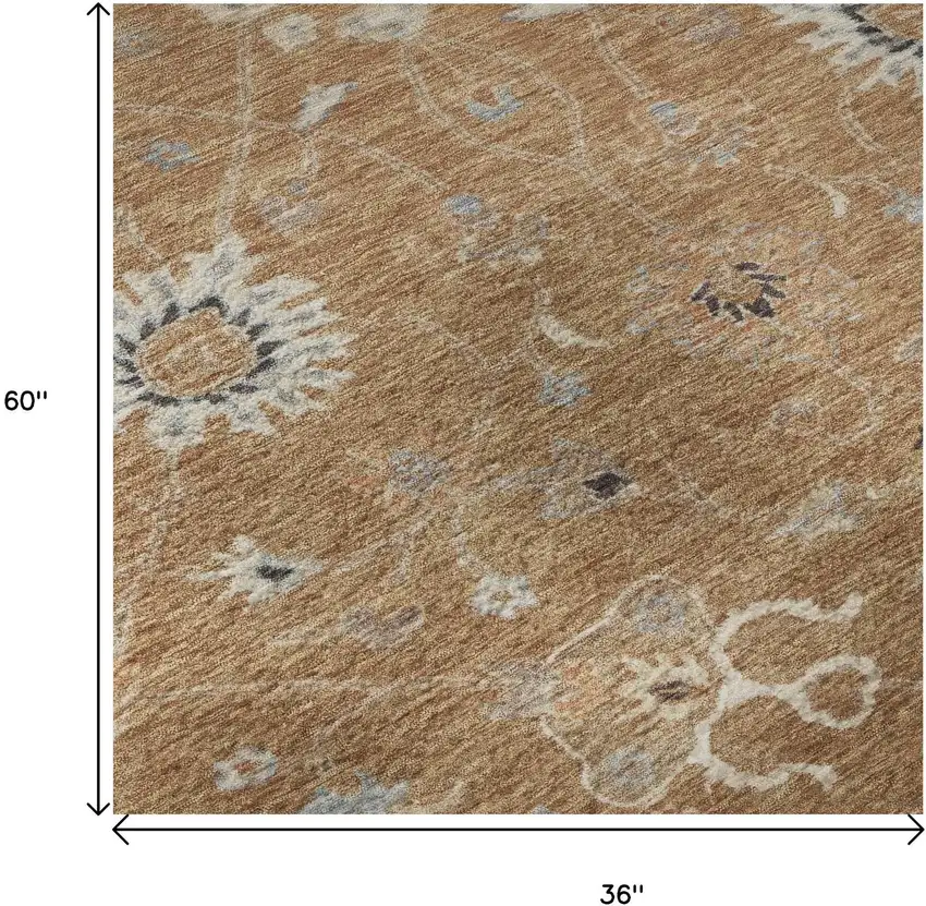 Copper Beige And Denim Blue Floral Washable Area Rug With UV Protection Photo 9