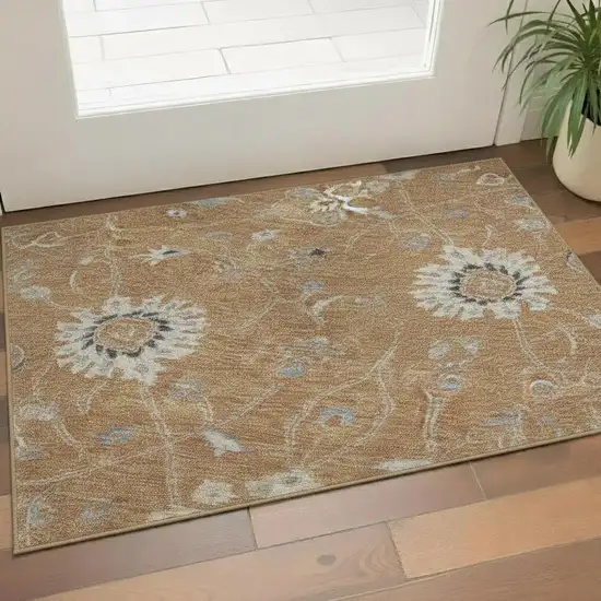 Copper Beige And Denim Blue Floral Washable Area Rug With UV Protection Photo 2