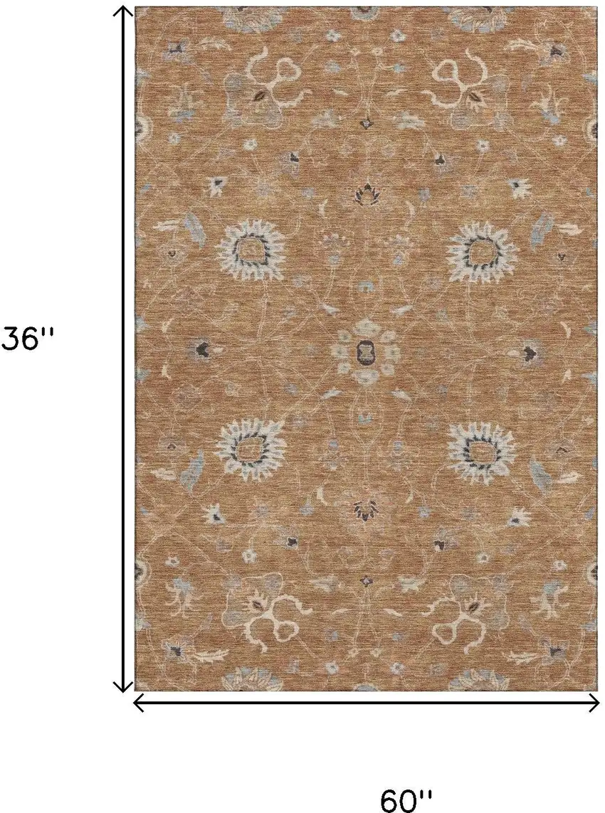 Copper Beige And Denim Blue Floral Washable Area Rug With UV Protection Photo 6