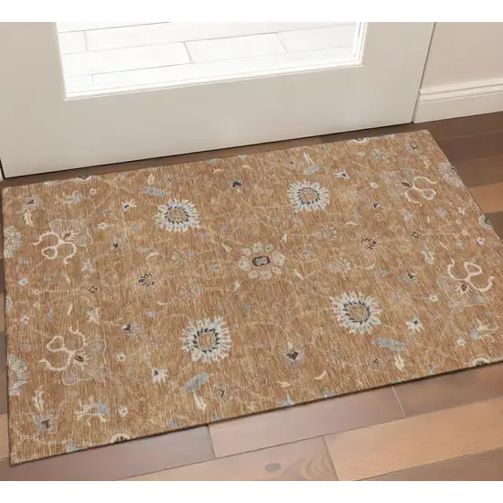 Copper Beige And Denim Blue Floral Washable Area Rug With UV Protection Photo 1