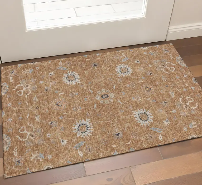 Copper Beige And Denim Blue Floral Washable Area Rug With UV Protection Photo 1