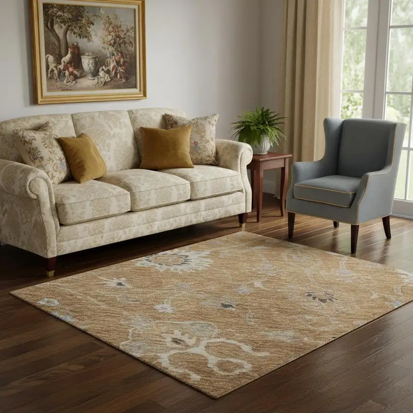 Copper Beige And Denim Blue Floral Washable Area Rug With UV Protection Photo 2