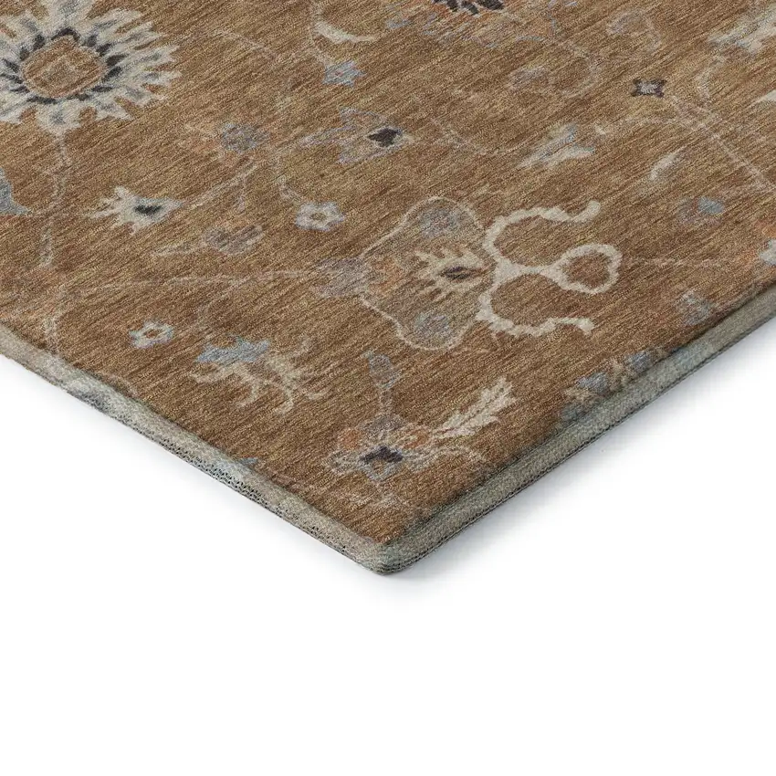 Copper Beige And Denim Blue Floral Washable Area Rug With UV Protection Photo 8