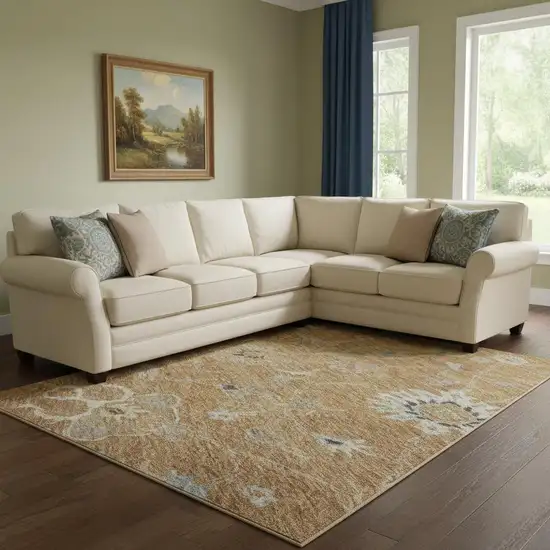 Copper Beige And Denim Blue Floral Washable Area Rug With UV Protection Photo 2