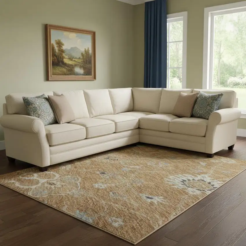 Copper Beige And Denim Blue Floral Washable Area Rug With UV Protection Photo 2