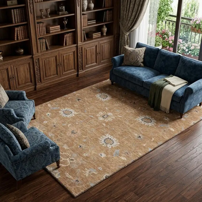 Copper Beige And Denim Blue Floral Washable Area Rug With UV Protection Photo 1