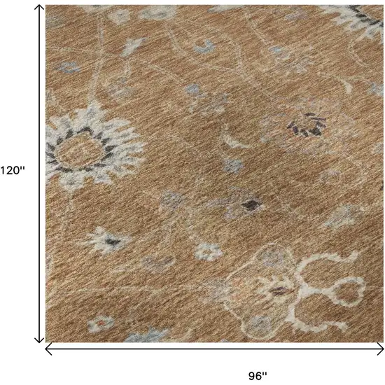 Copper Beige And Denim Blue Floral Washable Area Rug With UV Protection Photo 5