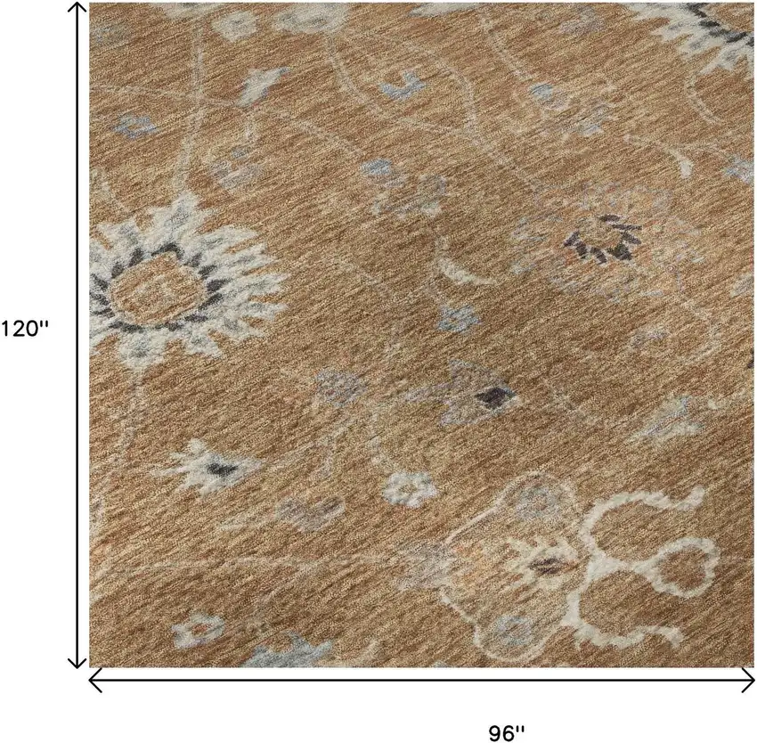 Copper Beige And Denim Blue Floral Washable Area Rug With UV Protection Photo 5
