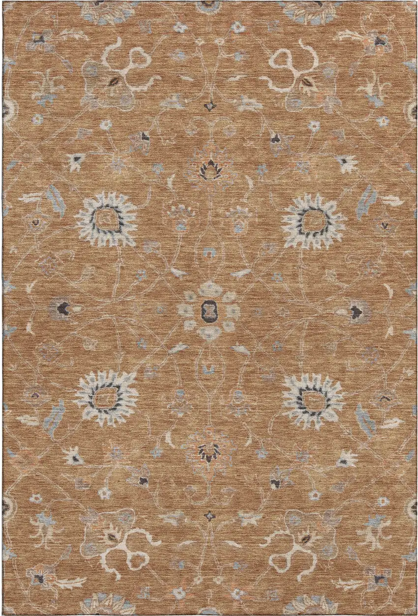 Copper Beige And Denim Blue Floral Washable Area Rug With UV Protection Photo 6