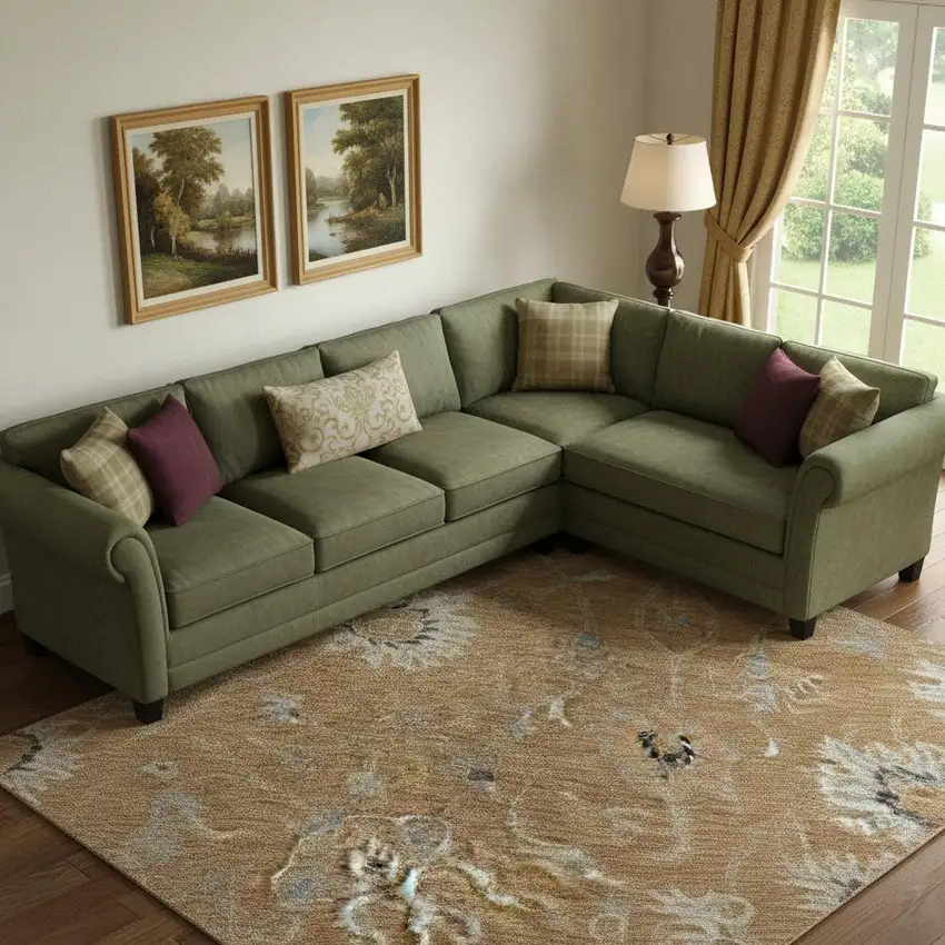 Copper Beige And Denim Blue Floral Washable Area Rug With UV Protection Photo 2