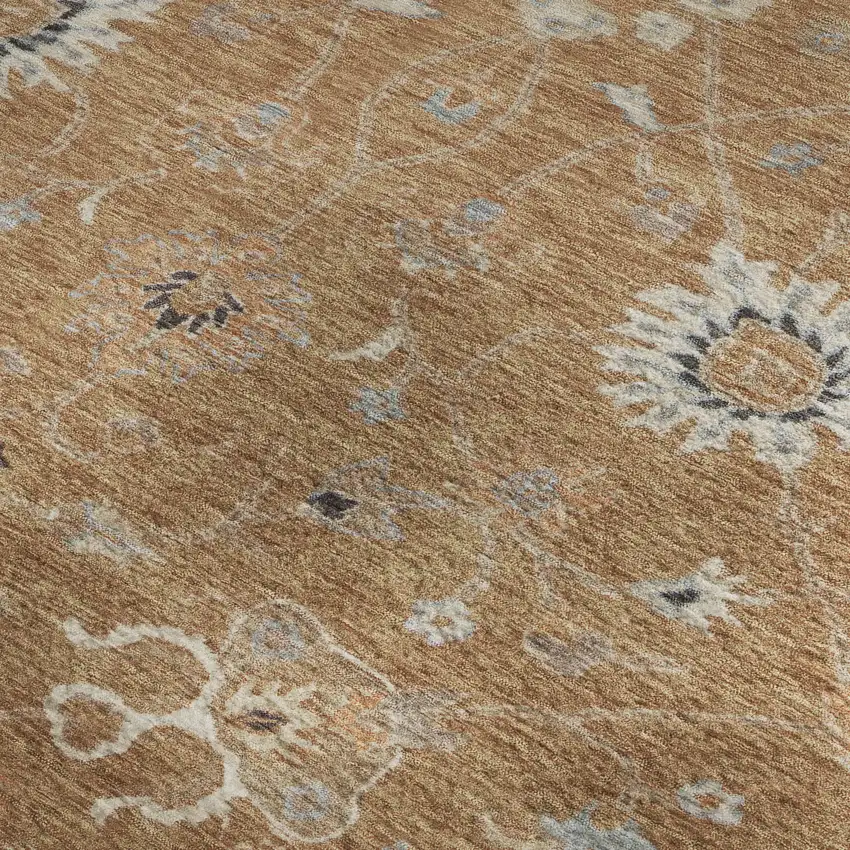 Copper Beige And Denim Blue Floral Washable Area Rug With UV Protection Photo 3