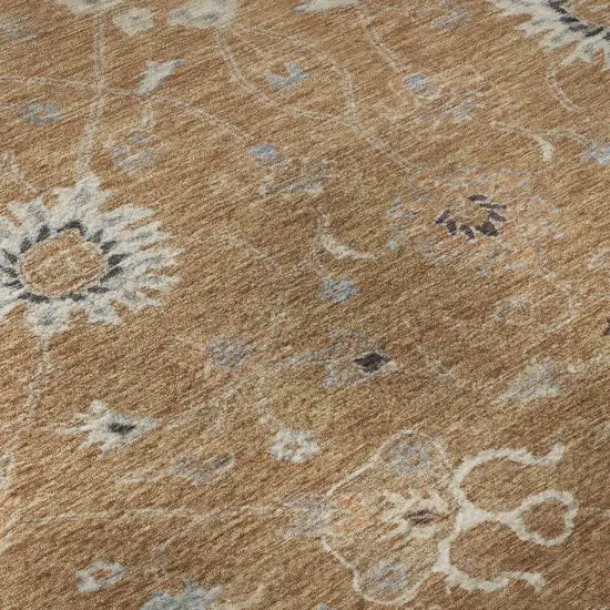 Copper Beige And Denim Blue Floral Washable Area Rug With UV Protection Photo 1