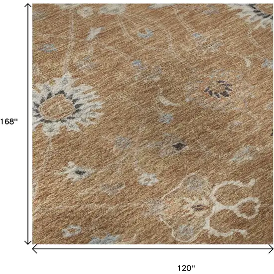 Copper Beige And Denim Blue Floral Washable Area Rug With UV Protection Photo 9