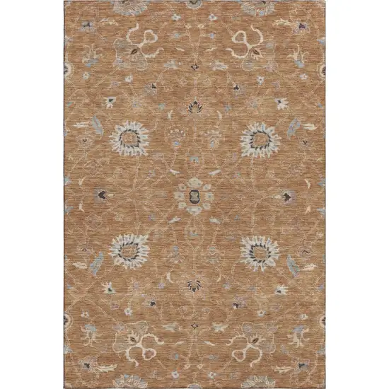 Copper Beige And Denim Blue Floral Washable Area Rug With UV Protection Photo 5