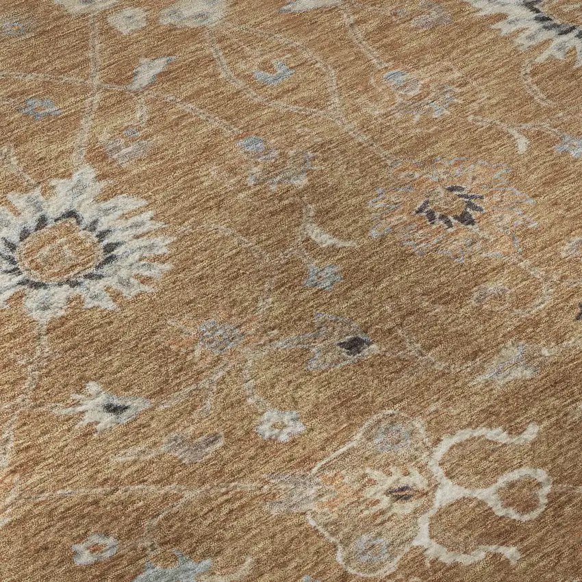 Copper Beige And Denim Blue Floral Washable Area Rug With UV Protection Photo 1