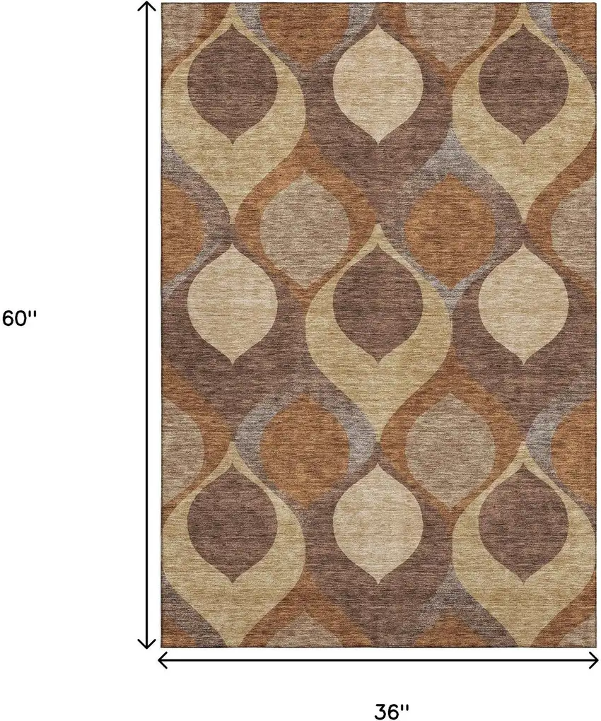 Copper Beige And Gold Ogee Washable Area Rug With UV Protection Photo 9