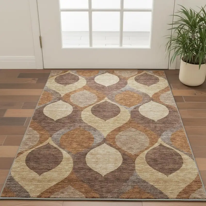 Copper Beige And Gold Ogee Washable Area Rug With UV Protection Photo 2