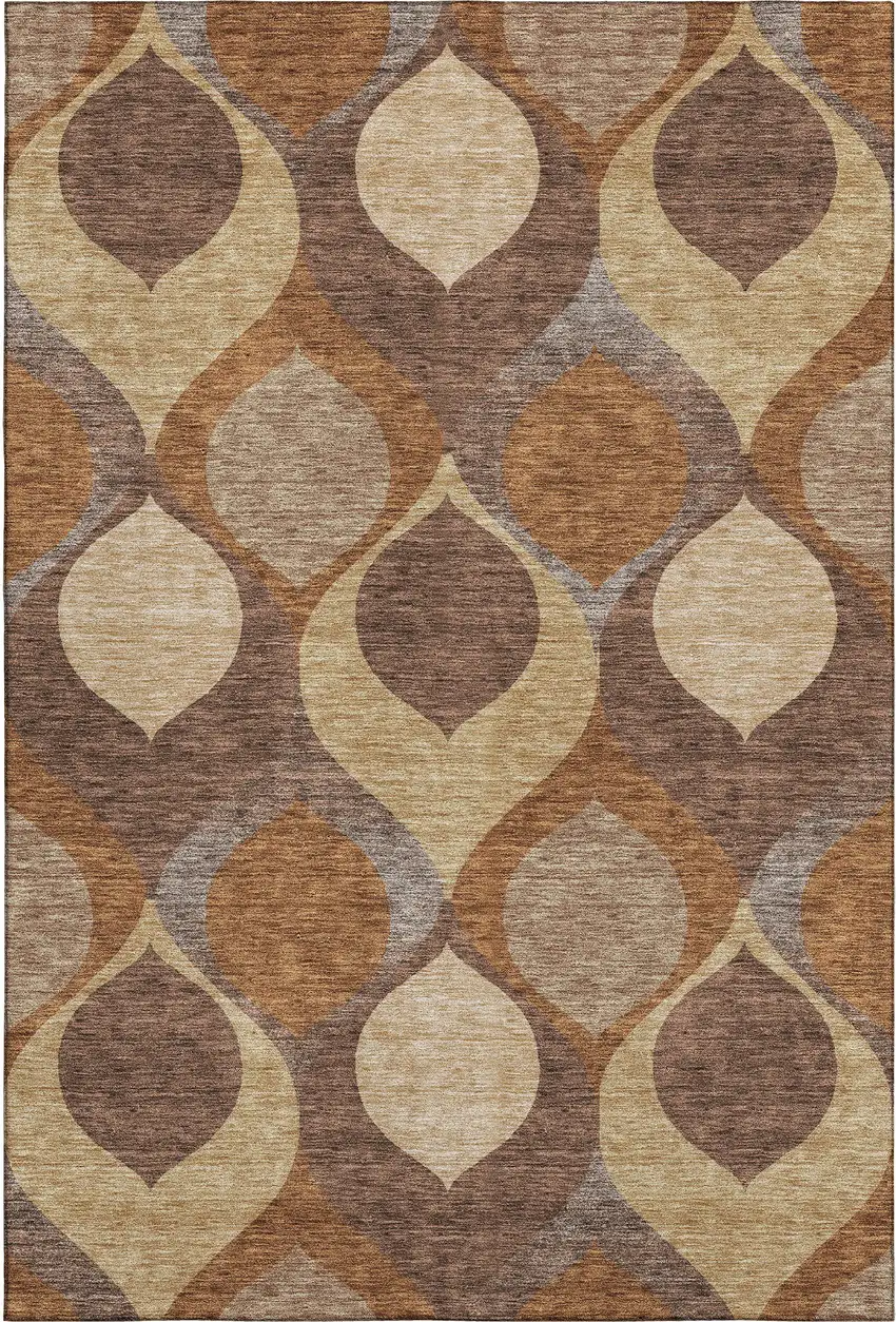 Copper Beige And Gold Ogee Washable Area Rug With UV Protection Photo 1