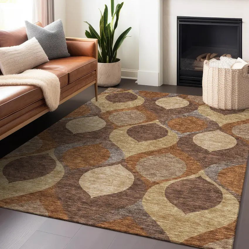 Copper Beige And Gold Ogee Washable Area Rug With UV Protection Photo 6