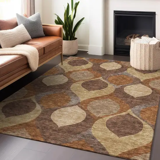 Copper Beige And Gold Ogee Washable Area Rug With UV Protection Photo 6