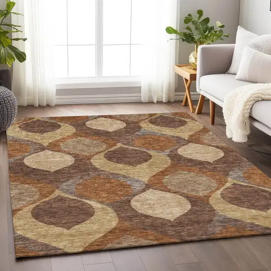 Copper Beige And Gold Ogee Washable Area Rug With UV Protection Photo 5