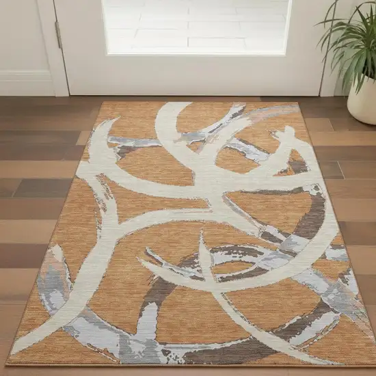 Copper Beige And Gray Abstract Washable Area Rug With UV Protection Photo 2