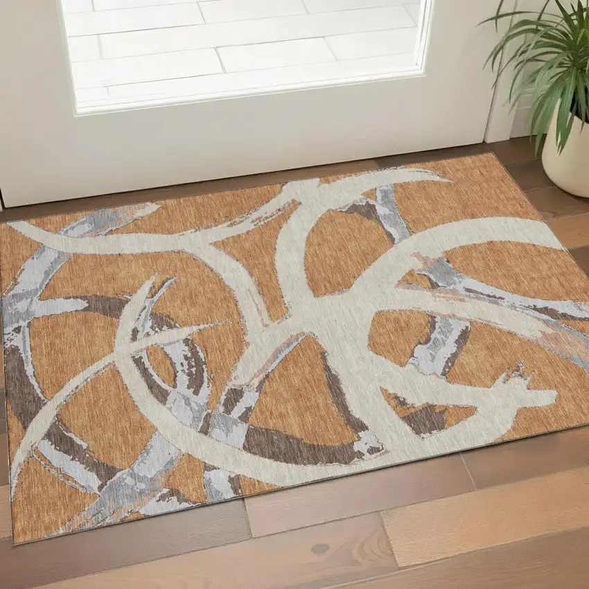 Copper Beige And Gray Abstract Washable Area Rug With UV Protection Photo 1