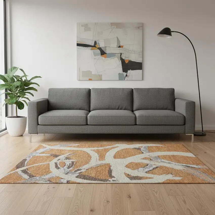 Copper Beige And Gray Abstract Washable Area Rug With UV Protection Photo 2