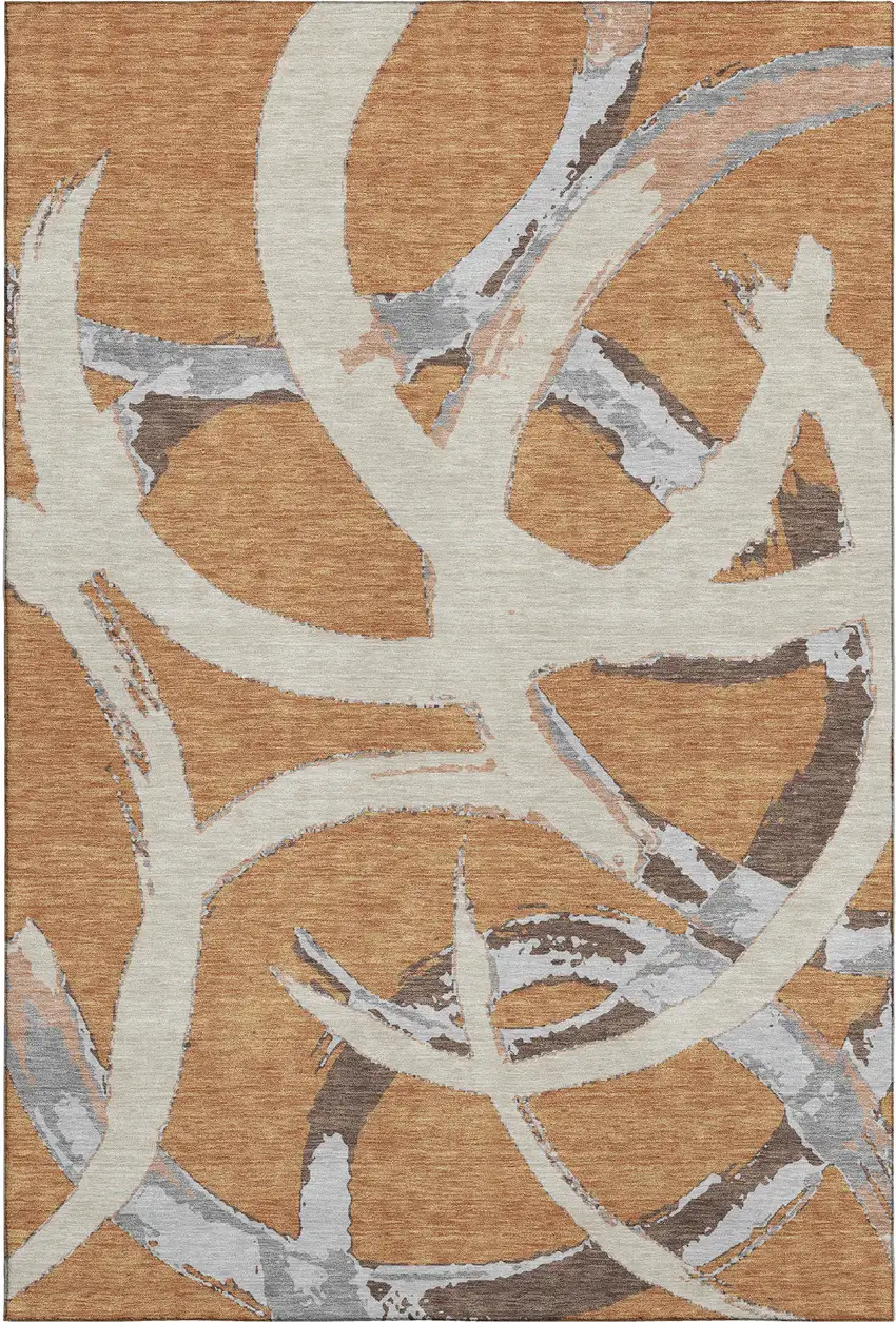 Copper Beige And Gray Abstract Washable Area Rug With UV Protection Photo 1