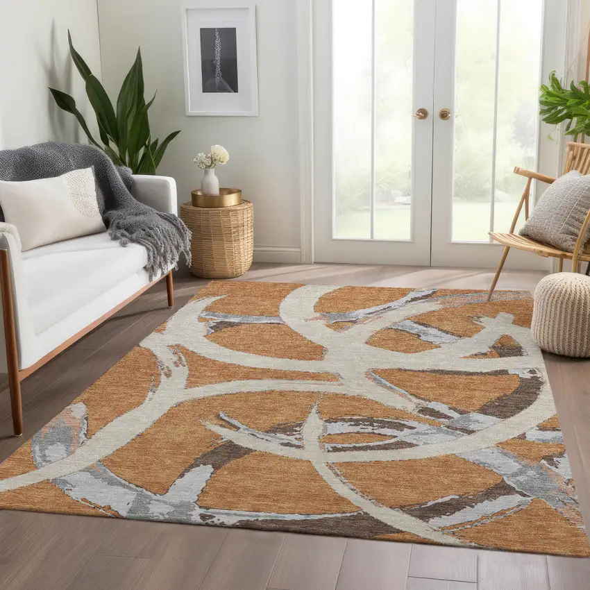 Copper Beige And Gray Abstract Washable Area Rug With UV Protection Photo 4