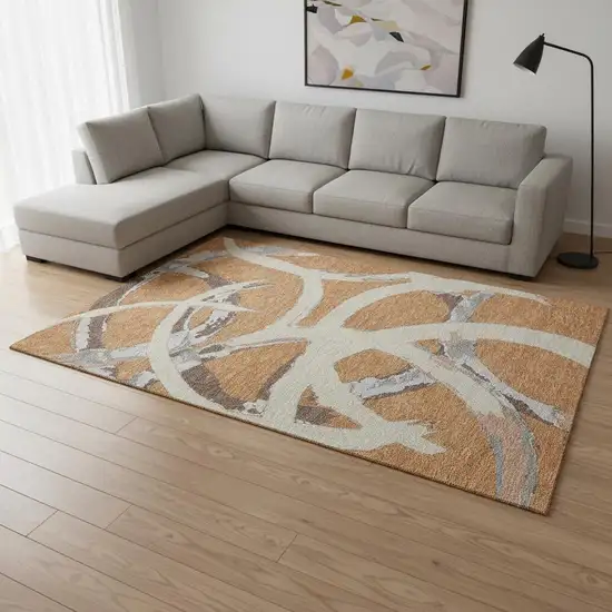 Copper Beige And Gray Abstract Washable Area Rug With UV Protection Photo 2