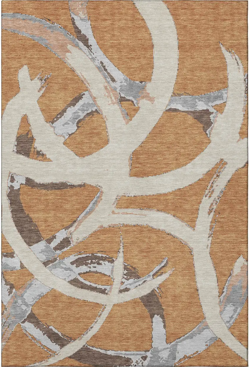 Copper Beige And Gray Abstract Washable Area Rug With UV Protection Photo 3