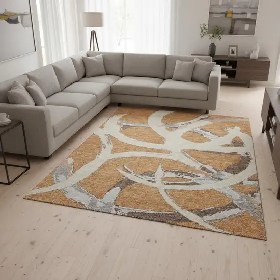 Copper Beige And Gray Abstract Washable Area Rug With UV Protection Photo 2