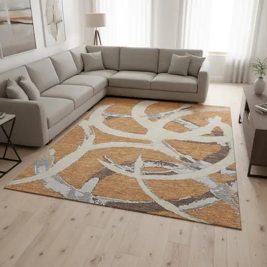 Copper Beige And Gray Abstract Washable Area Rug With UV Protection Photo 2