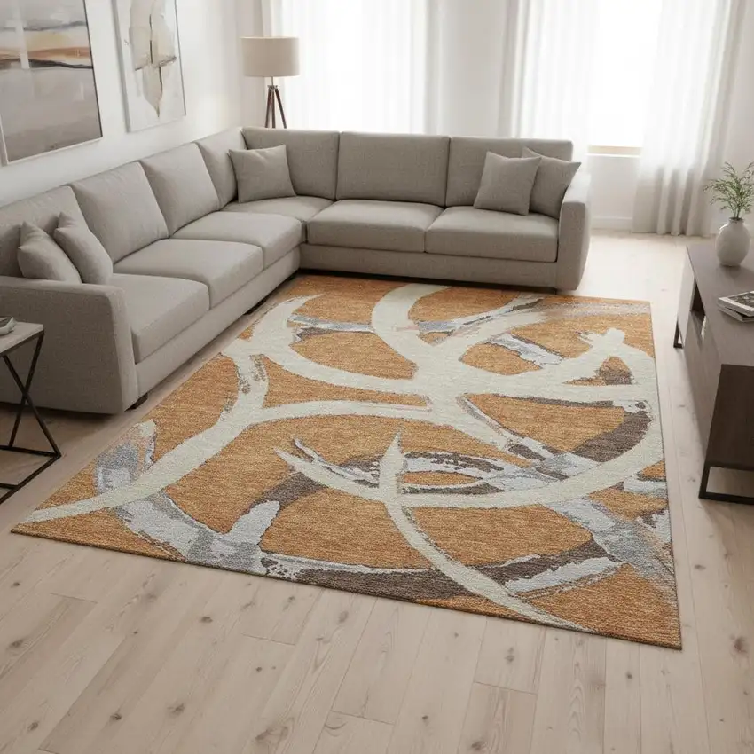 Copper Beige And Gray Abstract Washable Area Rug With UV Protection Photo 2