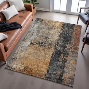 Photo of Copper Beige And Gray Abstract Washable Area Rug With UV Protection