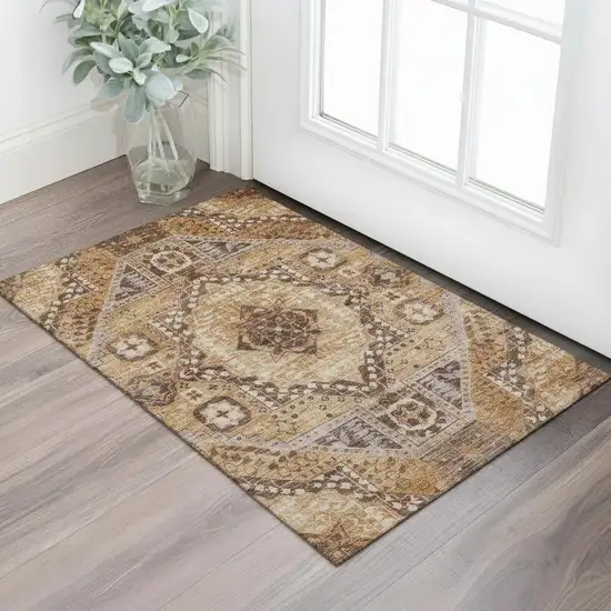 Copper Beige And Gray Diamond Washable Area Rug With UV Protection Photo 2