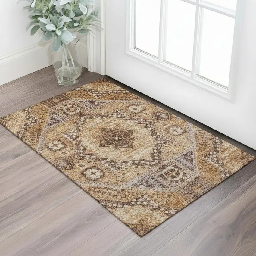 Copper Beige And Gray Diamond Washable Area Rug With UV Protection Photo 2