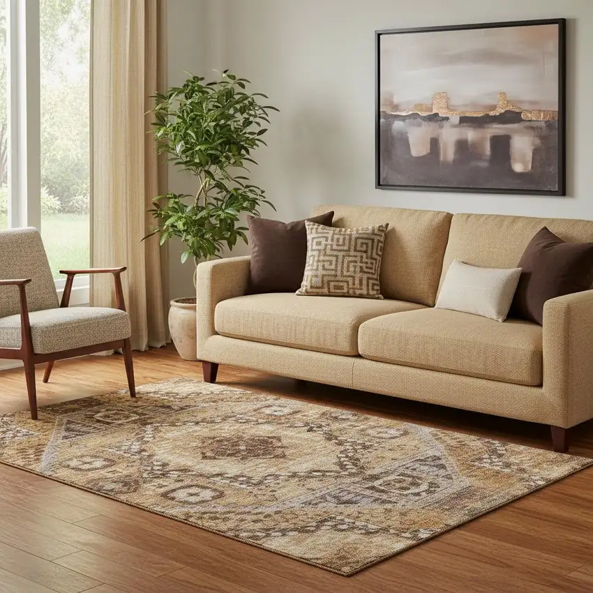 Copper Beige And Gray Diamond Washable Area Rug With UV Protection Photo 2